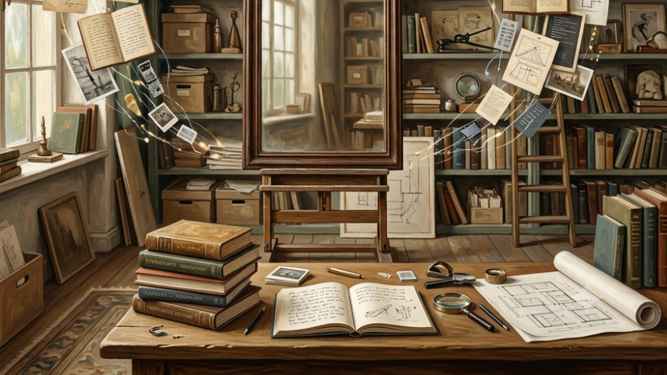 Ilustração poética de um museu-ateliê vivo com cartões, livros, notas e fragmentos de memória organizados em constelação.