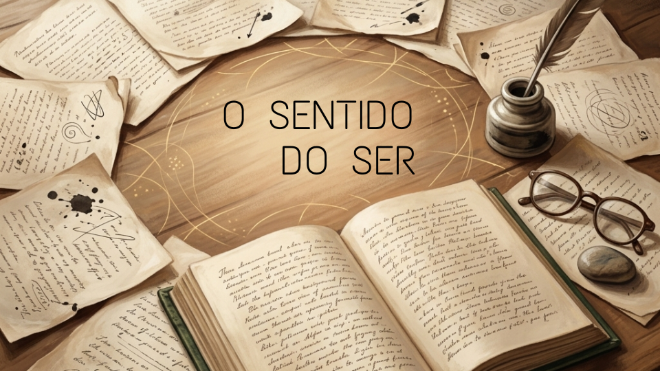 Ilustração poética de uma mesa de escrita filosófica com manuscritos, livro aberto e uma abertura luminosa sugerindo presença e sentido.