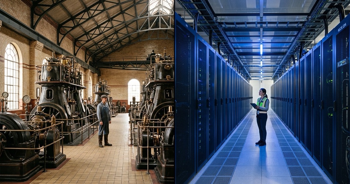 Composição visual justapondo uma fábrica industrial antiga e um data center contemporâneo.