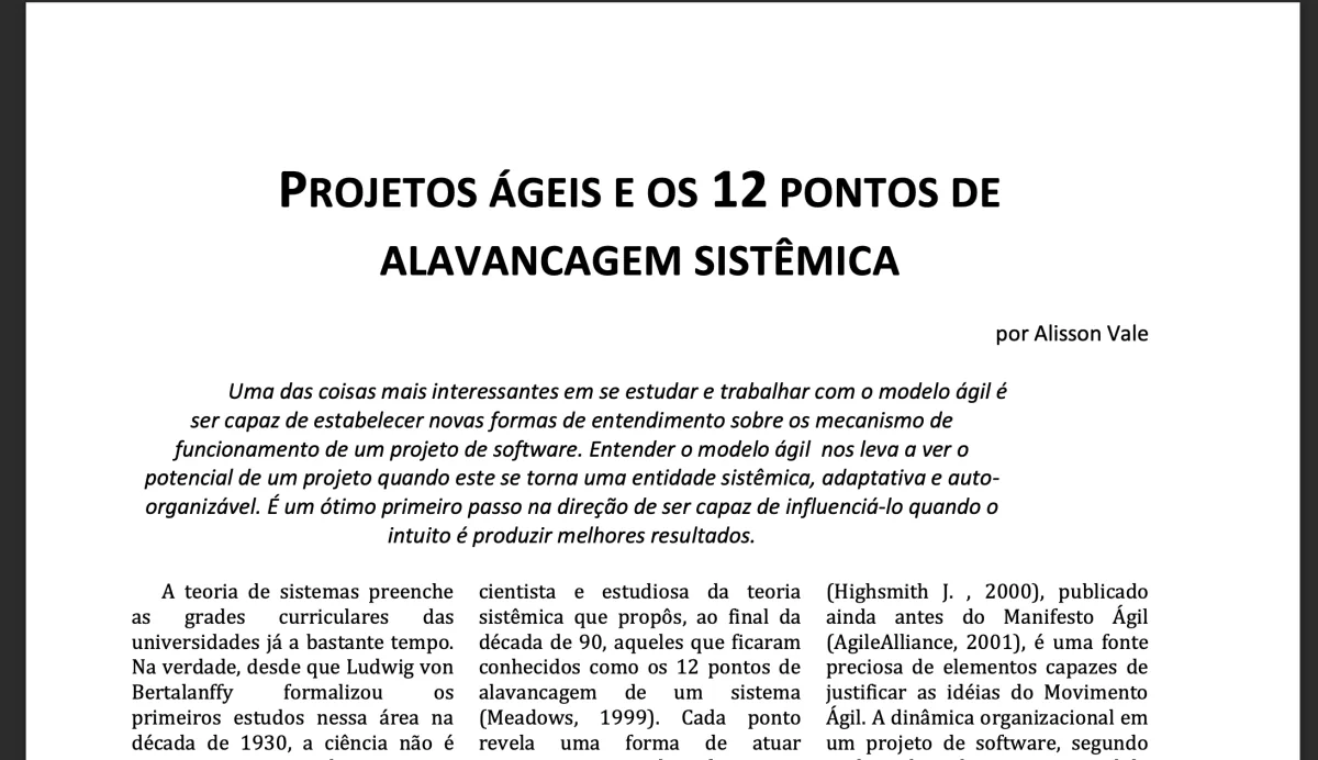Imagem de abertura do PDF Projetos Ágeis e os 12 Pontos de Alavancagem Sistêmica.