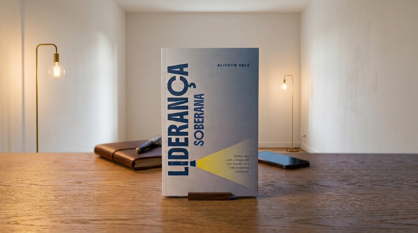 Livro Liderança Soberana exposto sobre uma mesa de madeira em um ambiente iluminado.