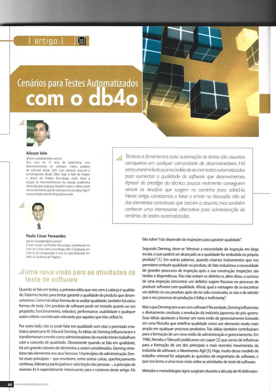 Primeira página do artigo Cenários para Testes Automatizados com o db4o na revista Mundo .NET.