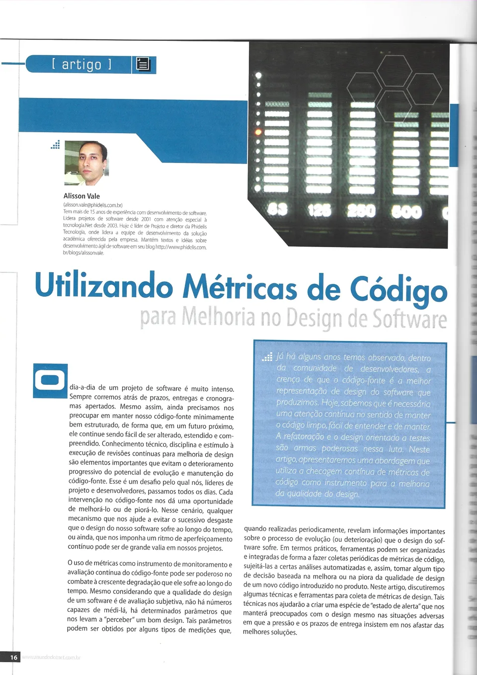 Primeira página do artigo Utilizando Métricas de Código para Melhoria no Design de Software na revista Mundo .NET.